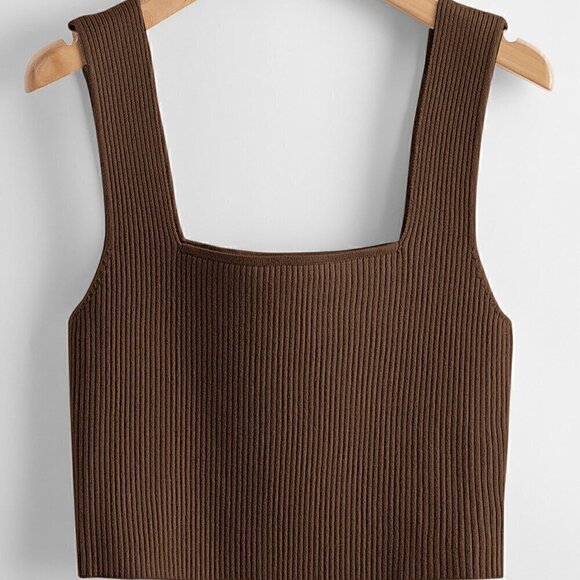 Coffee Brown Casual Women's Solid Ribbed Knit Top - Picture 2 of 4
